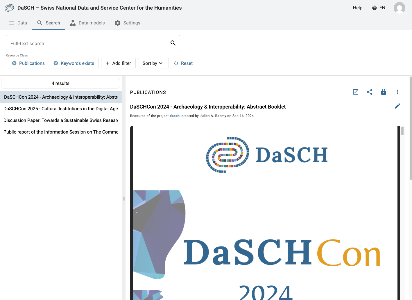 The redesigned advanced search bar: a full-text box followed by data model, resource class, and filter chips.