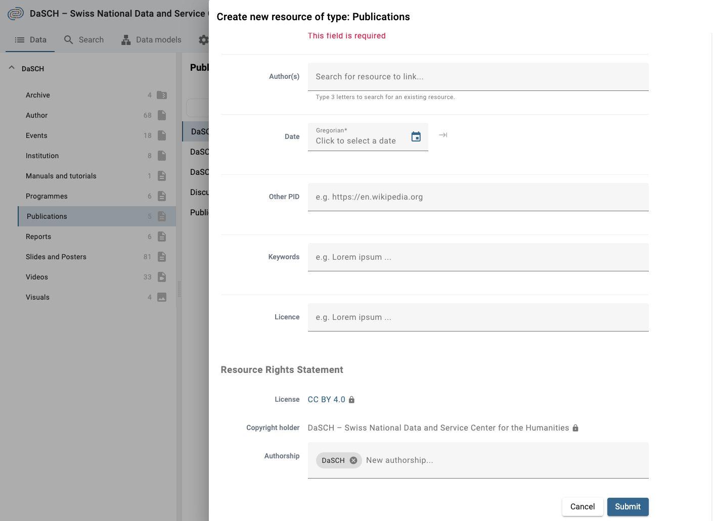 The Resource Rights Statement section in the create-resource form, with License and Copyright holder locked and Authorship editable.