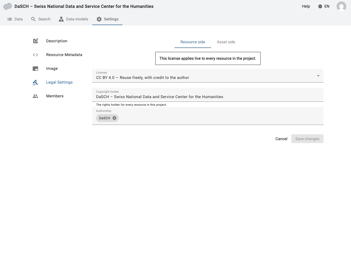 The Resource side sub-tab of the Legal Settings page, showing the License, Copyright holder, and Authorship fields.