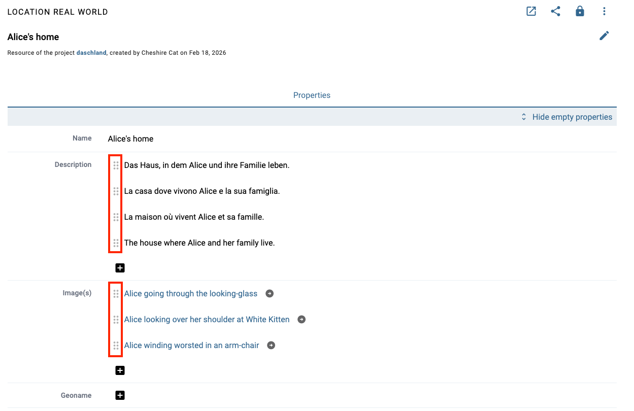 Drag handle visible on a property with multiple values.